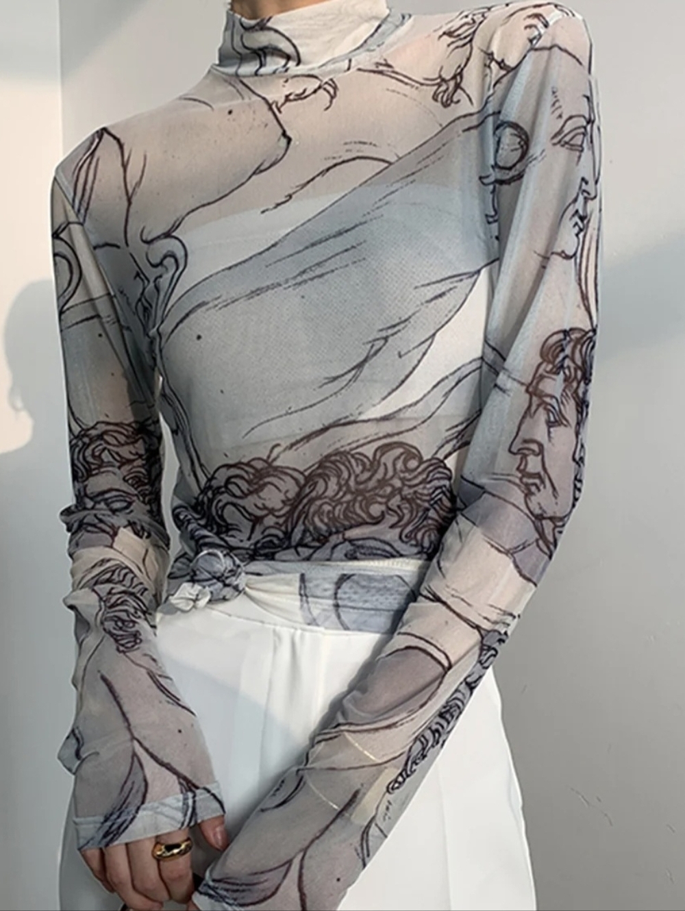 KOAN DAILY Sheer Renaissance DaVinci Sculpture Heads Blouse